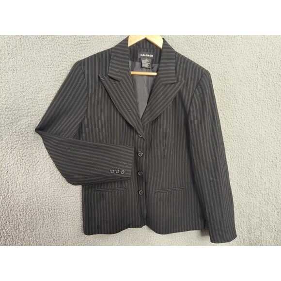 Halston Blazer Womens 14 Long Sleeve Button Up Black White Pinstripe 4 Buttons - Picture 1 of 10